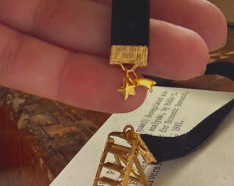 Black 3/8” Velvet Ribbon Bookmark with Minature Hinged Ladder and Star Charms - Encouragement Gift for Literature Lover