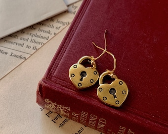 Gold plated heart lock earrings, heart jewelry, key hole earrings, dark romance jewelry, girlfriend jewelry, minimalist earrings