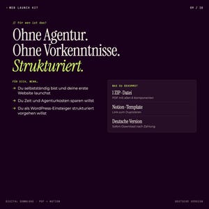Pode incluir: P&aacute;gina de produto de download digital com fundo roxo escuro. O texto diz "Web Launch Kit" e "Ohne Agentur. Ohne Vorkenntnisse. Strukturiert." O texto adicional inclui "1 ZIP-Datei" e "Notion-Template".