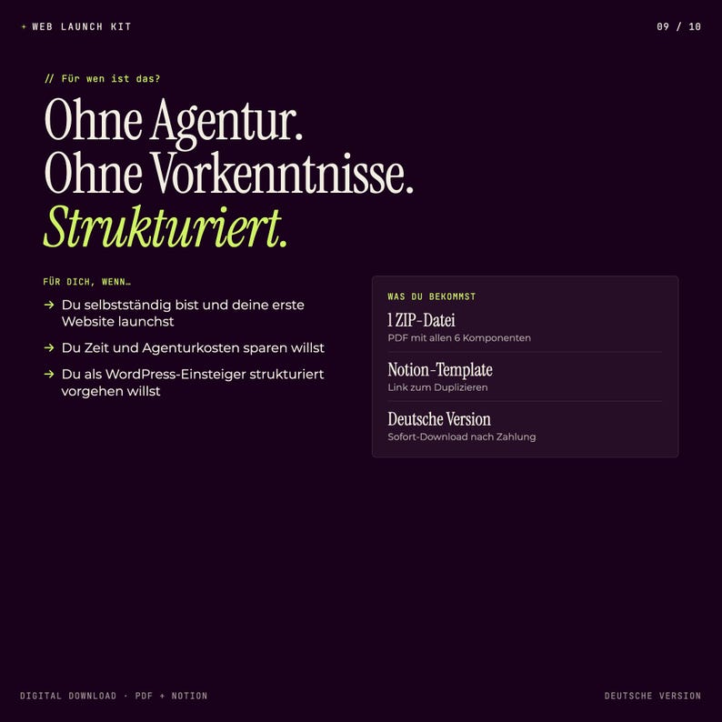 Pode incluir: P&aacute;gina de produto de download digital com fundo roxo escuro. O texto diz "Web Launch Kit" e "Ohne Agentur. Ohne Vorkenntnisse. Strukturiert." O texto adicional inclui "1 ZIP-Datei" e "Notion-Template".
