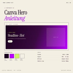 Pode incluir: Guia de design de kit de lan&ccedil;amento web com o t&iacute;tulo "Canva Hero Anleitung" em preto e roxo. O guia inclui um gr&aacute;fico gradiente roxo e preto, amostras de cores e especifica&ccedil;&otilde;es para formato, exporta&ccedil;&atilde;o e corte m&oacute;vel.