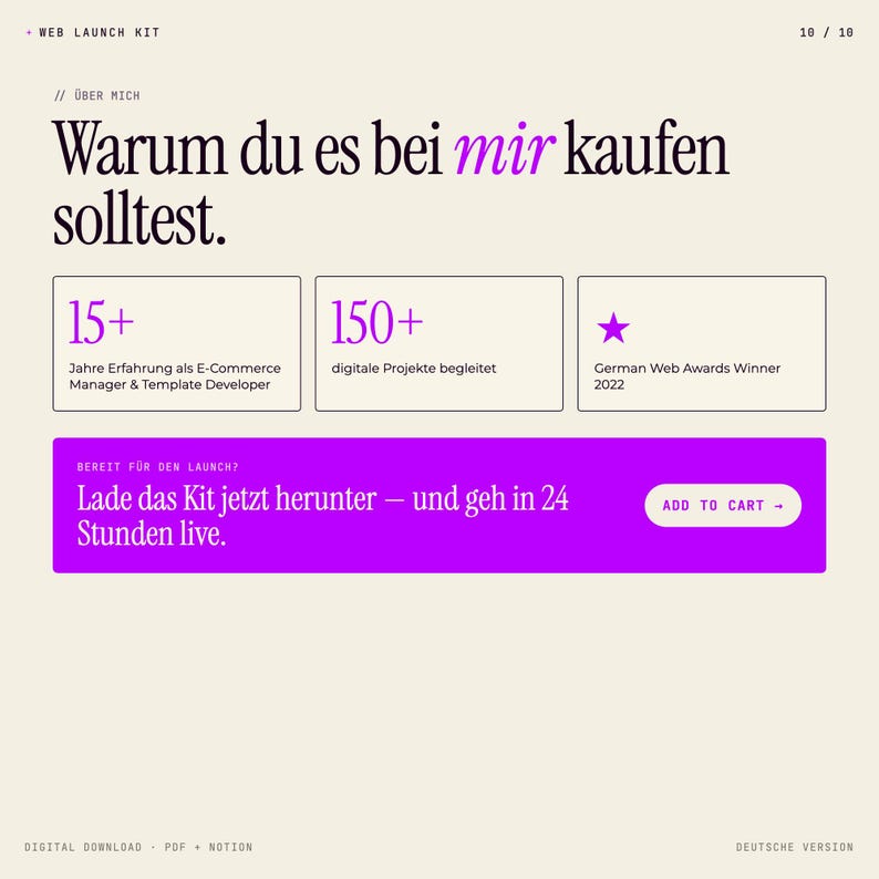 Pode incluir: Um design de p&aacute;gina web com fundo creme e detalhes roxos. O texto inclui "WEB LAUNCH KIT" e "Warum du es bei mir kaufen solltest." Caixas de informa&ccedil;&atilde;o destacam experi&ecirc;ncia, projetos e um pr&ecirc;mio alem&atilde;o. Uma barra roxa solicita o download do kit.
