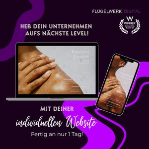 Könnte beinhalten: Grafik für digitales Marketing mit Laptop und Smartphone, die eine Website-Oberfläche anzeigen. Die Website wirbt für "Financial Freedom" mit Optionen für Brokerage und persönliche Finanzen. Text enthält "Heb dein Unternehmen aufs nächste Level!" und "Mit deiner individuellen Website".