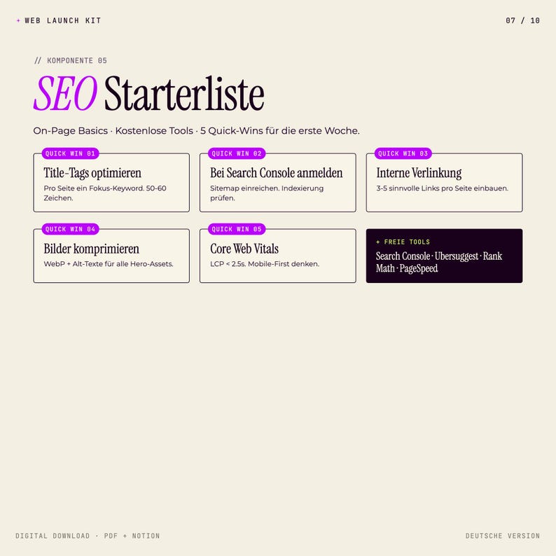 Pode incluir: Documento digital "SEO Starterliste" com fundo bege claro. Apresenta texto roxo e preto, incluindo t&iacute;tulos como "Quick Win" e "Free Tools". O documento descreve os conceitos b&aacute;sicos de SEO e vit&oacute;rias r&aacute;pidas.