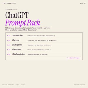 Pode incluir: Um download digital intitulado "ChatGPT Prompt Pack" com fundo creme. O pacote inclui 12 prompts para escrever texto do site com IA, da p&aacute;gina Sobre n&oacute;s &agrave; Meta Descri&ccedil;&atilde;o. O texto &eacute; em preto e roxo.