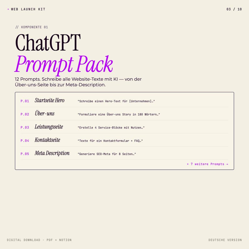 Pode incluir: Um download digital intitulado "ChatGPT Prompt Pack" com fundo creme. O pacote inclui 12 prompts para escrever texto do site com IA, da p&aacute;gina Sobre n&oacute;s &agrave; Meta Descri&ccedil;&atilde;o. O texto &eacute; em preto e roxo.