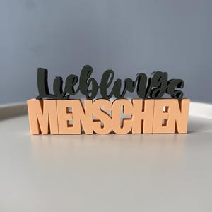 Könnte beinhalten: Ein zweifarbiges Dekoschild mit den deutschen Wörtern "Lieblings" in dunkelgrüner Schrift über dem Wort "Menschen" in pfirsichfarbenen Blockbuchstaben. Das Schild wird auf einer hellgrauen Oberfläche angezeigt.