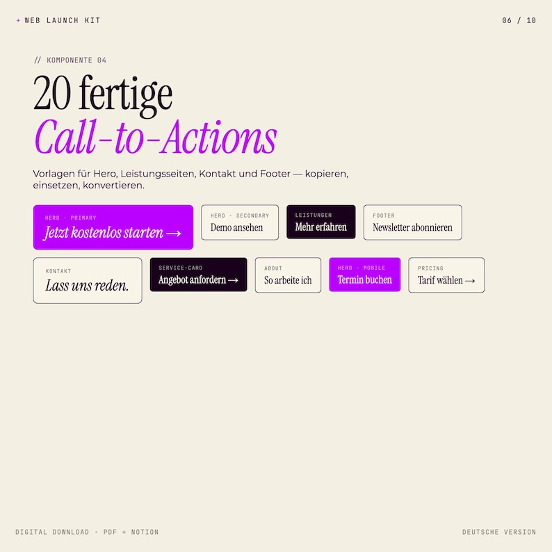 Pode incluir: Uma p&aacute;gina de kit de lan&ccedil;amento web com o t&iacute;tulo "20 fertige Call-to-Actions" em preto e roxo. A p&aacute;gina inclui v&aacute;rios bot&otilde;es de call-to-action com texto como "Jetzt kostenlos starten" e "Termin buchen". O fundo &eacute; bege claro.