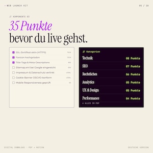 Pode incluir: Imagem de download digital com o texto "35 Punkte bevor du live gehst" em roxo. A imagem inclui listas de verifica&ccedil;&atilde;o e categorias como SEO, Legal e Analytics. O fundo &eacute; bege claro.
