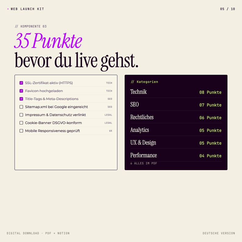 Pode incluir: Imagem de download digital com o texto "35 Punkte bevor du live gehst" em roxo. A imagem inclui listas de verifica&ccedil;&atilde;o e categorias como SEO, Legal e Analytics. O fundo &eacute; bege claro.