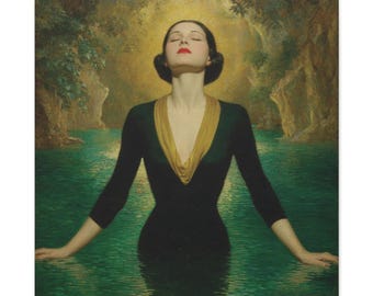 Toile lumineuse Femme passant d'une eau vive, impression sur toile eau vive, art mural chrétien, portrait de femme surréaliste, décoration de prière contemplative,