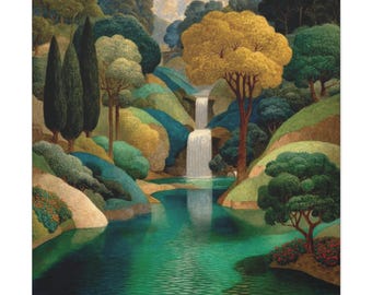 Toile paysage cascade art déco, impression sur toile tendue mate paysage fluvial, impression rivière sereine, art mural style vintage,