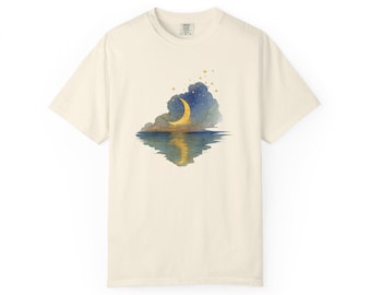 T-shirt reflet croissant de lune de Style vintage, aquarelle de nuage de ciel nocturne, t-shirt océan lune, t-shirt unisexe bohème vintage ciel nocturne céleste