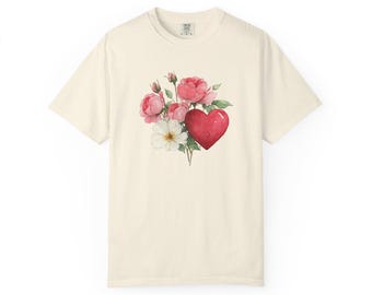 T-shirt vintage coeur floral rose, t-shirt Cottagecore Valentine Love Heart Comfort Colors®, T-shirt vintage floral coeur, chemise rose romantique