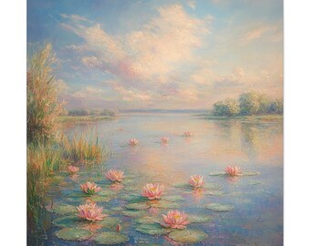 Art mural impressionniste nénuphars sur toile, impression toile nénuphar rose, art mural lac tranquille, paysage floral serein