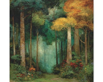 Lienzo decorativo de pared, Sendero del bosque encantado, Impresión de paisaje natural, Decoración botánica para el hogar, Pintura de bosque verde, Decoración de pared de bosque, Místico