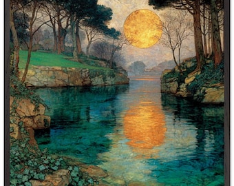 Coucher de soleil doré sur la rivière Misty, impression d'art de paysage encadré, affiche encadrée en bois de qualité supérieure avec papier mat de qualité musée