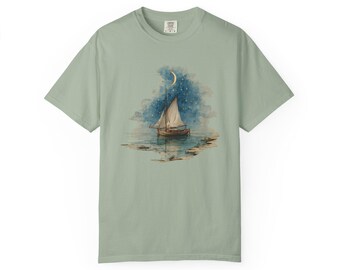 T-shirt style vintage lune et bateau à voile, t-shirt aquarelle voilier lune, t-shirt voilier mer nuit, chemise lune et départs nautiques bohèmes