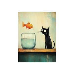 May include: A whimsical illustration depicts a goldfish leaping above a glass of water, with a black cat gazing at it. The artwork features a warm color palette with a wooden shelf and a teal-colored background, creating a playful scene.