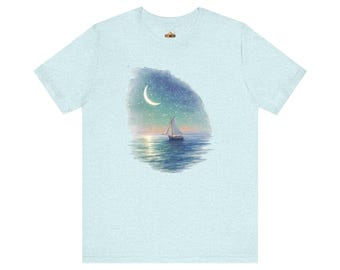 Chemise de voile de nuit d'océan, T-shirt de voilier au clair de lune, T-shirt d'art de nuit d'océan de rêve, T-shirt unisexe de lune d'océan, T-shirt de lune céleste