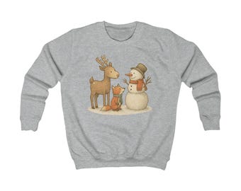 Sweatshirt enfant Winter Forest Friends, bonhomme de neige renard et renne pullover boisé, joli sweat enfant