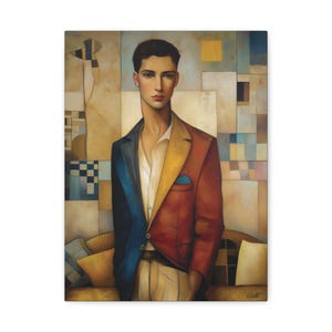 Stijlvolle man uitgerekte canvaskunst, art-decoportret van een man in hedendaagse stijl, moderne wanddecoratie, abstracte kunst voor woonkamer