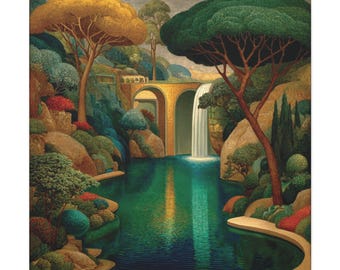 Art déco paysage cascade, toile mate tendue, oeuvre d'art murale paysage rivière, élégante scène de jardin, oeuvre d'art murale turquoise pont de la rivière