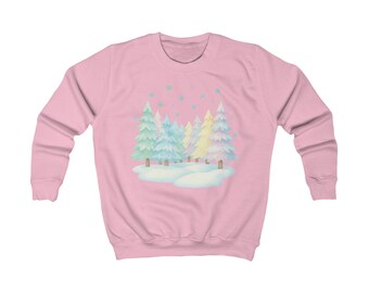 Sweat-shirt enfant sapins de Noël arc-en-ciel pastel, pull jeunesse mignon Kawaii hiver forêt, arbres dans la neige pour enfant