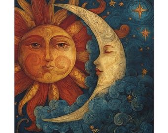 Sun Moon and Stars Celestial Canvas Wall Art Print Matte Canvas, Boho Wall Art, Vintage Style Celestial Artwork,