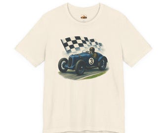 ヴィンテージレーシングカーTシャツ、クラシックブルーカーシャツ、レーシングカーとチェッカーフラッグTシャツ、メンズモータースポーツシャツ、彼へのギフト、お父さんへのギフト