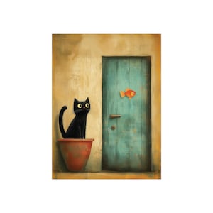Cute Cat Fine Art Poster, Vintage Style, Cute Cat Staring at a Goldfish, Whimsical Surreal Animal Wall Art, Funny Cat Print, Art for Kids