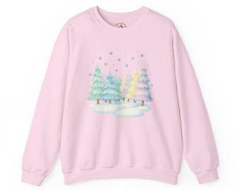 Sweat-shirt arbres de Noël arc-en-ciel pastel, joli pull hivernal des bois Kawaii, pull graphique doux et fantaisiste pour les vacances d'hiver