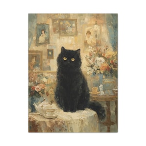 Black Cat Portrait Canvas Wall Art, Vintage Impressionist Style, Black Cat Art Canvas Print, Cat Lover Gift, Cottagecore Home Décor