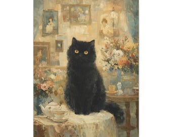 Väggkonst med svart kattporträtt, vintageimpressionistisk stil, kanvastavla med svart kattkonst, present till kattälskare, heminredning i Cottagecore
