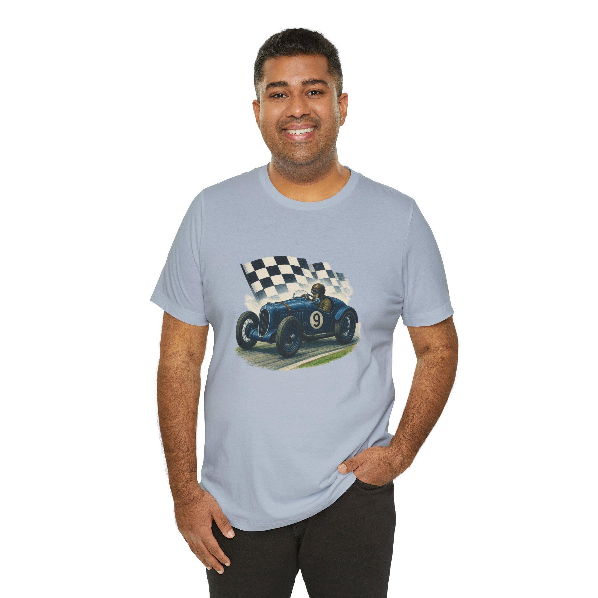 ヴィンテージレーシングカーTシャツ、クラシックブルーカーシャツ 
