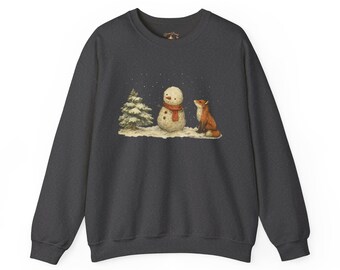 Bonhomme de neige aquarelle de style vintage avec renard roux et sapin enneigé, sweat-shirt scène d'hiver artistique
