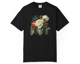T-shirt coeur rose gothique, t-shirt graphique rose noire romantique, t-shirt floral coeur anatomique victorien, t-shirt floral romantique foncé,
