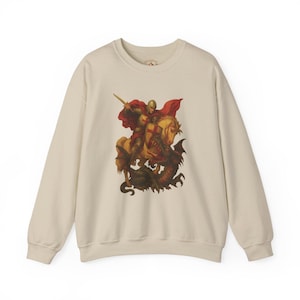 Sweatshirt mit St. Georg und dem Drachen, christlicher Unisex-Print im Vintage-Stil, englischer Ritter auf Pferd, Rundhals-Sweatshirt, patriotisches Sweatshirt für Großbritannien
