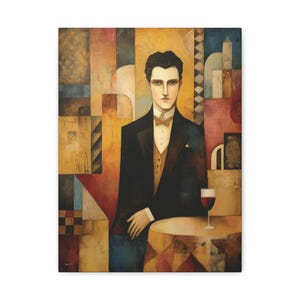 Portrait of a Man Canvas Wall Art, Modern Abstract Portrait, Man in a Café Canvas Print, Art Deco Home Décor, Boho Vintage Style Wall Art,