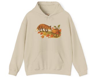Autumn Fox and Pumpkin Hoodie, Cottagecore Hoodie, Forestcore Fox Hoodie, Vintage Botanical Fall Long Sleeve Hooded Pullover, Fall Attire