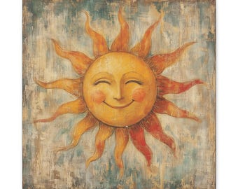 Art sur toile soleil souriant, art mural soleil de style vintage, art mural soleil céleste bohème, visage de soleil souriant fantaisiste, décoration de maison, cadeau pour elle