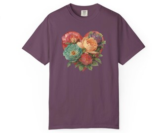 t-shirt vintage Floral Heart Comfort Colors®, t-shirt rose cottage pour la Saint-Valentin, chemise romantique pour la Saint-Valentin, cadeau floral coeur d'amour pour elle