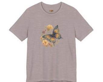 Vintage Boho Butterfly and Flower Unisex Tee, Romantic Floral Butterfly T-Shirt, Stylish, Gift for Her, Nature Lover Shirt, Bohemian Retro