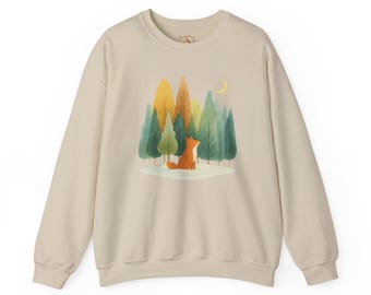 Sweat forêt d'hiver, sweat renard dans la forêt enneigée, pull aquarelle arbres, lune et forêt, pull style scandinave