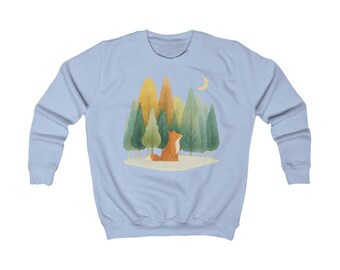 Sweatshirt enfant renard d'hiver au clair de lune, pull forêt sylvestre, sweat renard dans la forêt d'hiver pour enfant