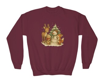 pull ras du cou vintage boisé bonhomme de neige, pull de Noël renne renard