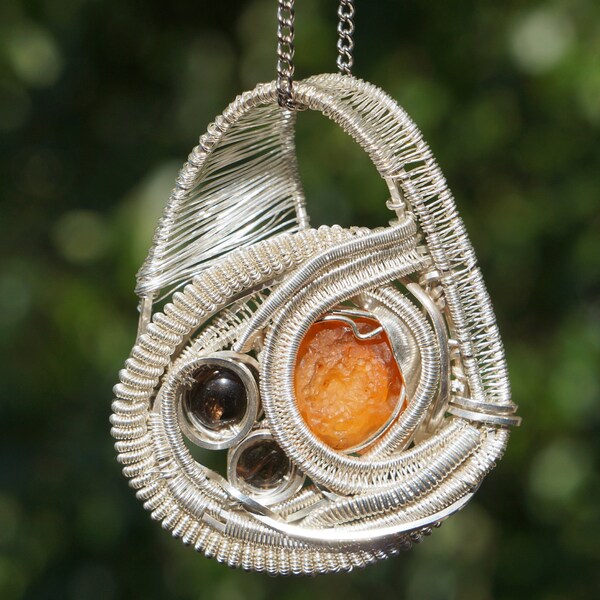 SALE - Wire Wrapped Jewelry - Smokey Quartz, Orange Crystal Gemstone Pendant Necklace Sterling Silver //FREE SHIPPING//