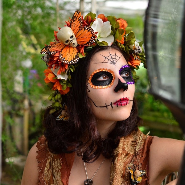 Hawkmoth Harvest Day of the Dead Crown - Dia de los muertos orange arigold mum dogwood skull butterfly flower crown headdress katrina