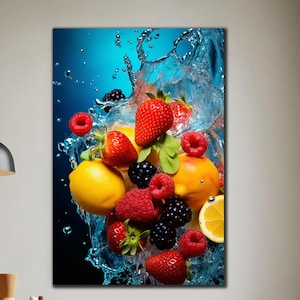 Fruit Splash Tempered Glass, Fruit Decor, Kitchen Wall Art, Glass Decor Art, Dining Room Decor, Vivid Colors, Wall Hangings