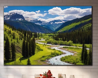 Tempered Glass Mountain Valley Art: Tranquil River Landscape